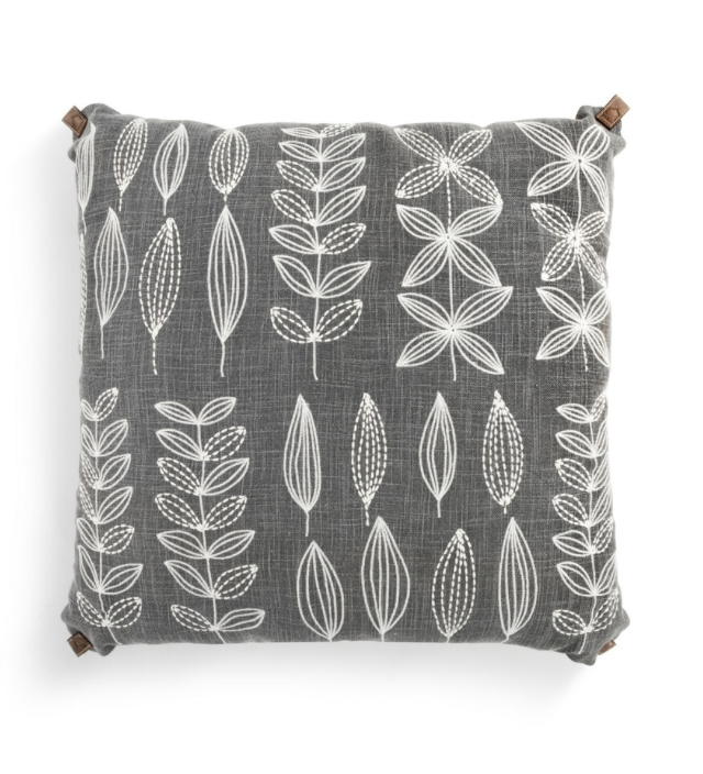 Embroidered Gray Leaf Pillow